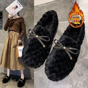 Casual Shoes Luxury Crystal Bow-knot Cotton Women Ballerina Sneakers Fleeces Flats Woman Fur Moccasins Round Toe Warm Plush Loafers2024