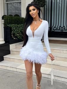 Sexy Feather Mini Dress Elegant White Mesh Bodycon Luxury Woman Evening Party Birthday Outfits Clothing Female Clubwear 240424