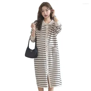 Casual Dresses Fashion Long Sleeve Knitted Sweater Dress Women's Vestidos Black White Striped Knee-Length Female Cardigan