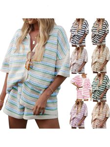 Women Pajamas Short Set 2 Pieces Loungewear Suits Stripe Contrast Color Button Crochet Knit Tops and Shorts Lounge Sets 240423