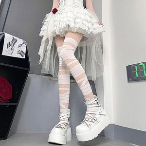 Donne calzini ragazze alla moda simpatico lolita bandage white bandage seta su ginocchio estate croce cingola mula di pizzo a calze lunghe