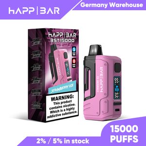 Tyskt lager Happ Bar Vape 15K Puff 15000 ångor Disponibel med Power Justerable Smart Max 30W Display Skärm /justerbar kraft Stor rök 2% 5% 5%