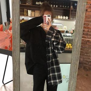 Kvinnor Bluses Korean Fashion Patchwork Design Plaid överdimensionerade skjortor Kvinnor Y2K HARAjuku Streetwear Girls 'Button Up Long Shirt Partihandel