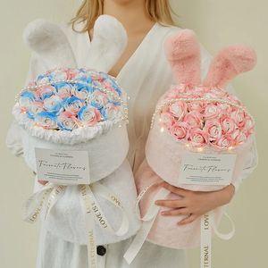 Rose Flower Bouquets with Light String Kawaii Rabbit Ears Soap Flower Wedding Room Decor Valentines Day Gifts 240424