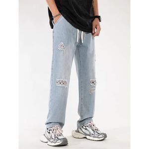 2024 Koreanische Herren Casual Long Jeans Classic Man Straight Denim Wideleg Hosen Solid Color Hellblau grau schwarz 3xl 240419