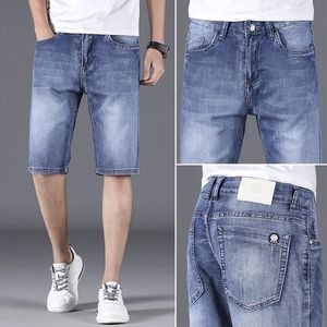 Alongamento de verão fino shorts jeans de moda masculina calça reta de joelho reta de rua azul 240412