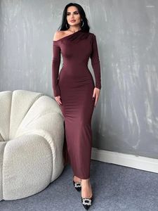 Casual Dresses 2024 Women Diagonal Collar Long Maxi Dress Fashion Elegant Female High Waist Folds Asymmetrical Party Evening Streetwear