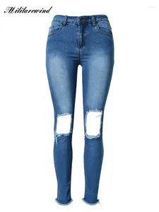 Women's Jeans Big Hole Washed Skinny Low Waist Denim Pencil Pants Women Y2K Tassel Irregular Slim Fit Stretch Blue Trousers