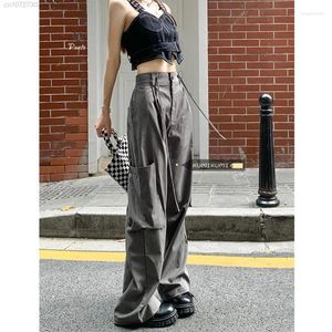 Women's Pants American Retro Gray Casual Cargo Summer High Waist Drawstring Straight Wide Leg Trousers Y2K Streetwear