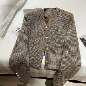 Mexzt Vintage Cropped Tweed Jacket Women Elegant Short Blazer Herbst Koreanische Single-Breasted All Match Casual Chic Outerwear Tops 240422