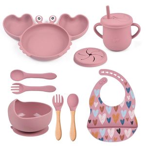 9Pcs Baby Silicone Non-Slip Suction Bowl Plate Spoon Bib Cup Set Crab Dishes Food Feeding Bowl Kids BPA Free Dinnerware Set 240409