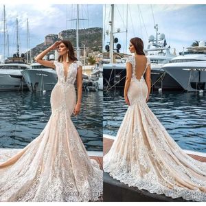 Full 2017 Lace Mermaid Gorgeous Wedding Dresses Deep V Neck Capped Sleeves Court Train Beach Bridal Gowns Sheer Back Vestidos De Noiva estidos