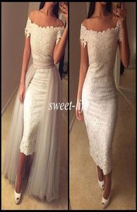 New Sexy Prom Dresses White Lace Tea Length Off Shoulder Short Sleeve Detachable Train 2019 Vintage Women Evening Gowns Party Cock1544714