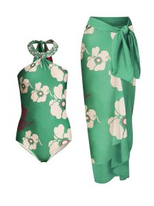 Suits Green Floral Print Hanging Neck Sexy Tie Design Bikini Women's One Piece Swimsuit and Long Cover Up 2023 Fashionable New Designs