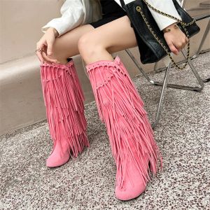 Stivali Pxelena Designer Bohemia Women Knee High Tassel Boots Teli Stiletto Scarpe Fringe Fringe 2022 Data di festa invernale Girls Cool Girls