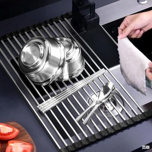 Kitchen Storage Foldable Stainless Steel Drainage Rack Bowl And Dish Sink Vegetable Fruit Water Control