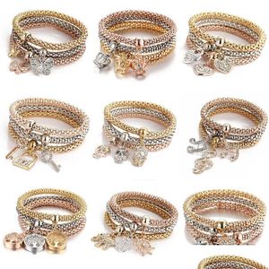 Charm Armbänder Charme Armbänder 3 Farbe/Set Baum des Lebens Frauen Kristallkron -Musiksymbol Elefant Key Lock Owl Wrap Armband für mich DHFAL