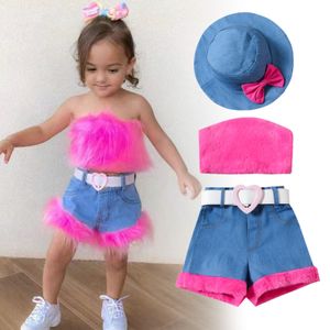 Summer Bapple Girls Sets Set Kids Dew Spalla top peluche pantaloncini di jeans Love Heart Cinkle Bows Hat 4pcs Sweet Children Outfit Z7928