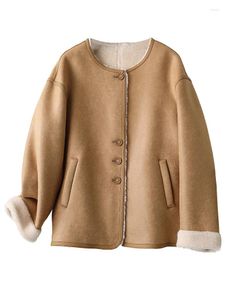 Jackets femininos Casaco de pele de cordeiro para mulheres camurça curta e redonda espessada e sobretola de couro