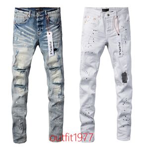 Heiße neue Mode 2024 Slim 1: 1 Jeans Lila Marke Jeans Jeans Denim Herren Slim Fit Streetwear Distelte dünne Stretch beschädigt zerstörte Loch Ripped Jeans Streetwear