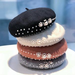 Berets Girls Hat Ladies Autumn Luxury Warm Lovely Cashmere Beanies Candy Color Wool Kid Hats With Pearls Fashion Black Beret Children