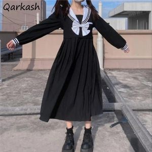 Casual Dresses Sailor Collar Women Spring Autumn Japanese Preppy Style Patchwork Bow Long Sleeve Loose Lace-Up A-Line Midi Sweet Chic
