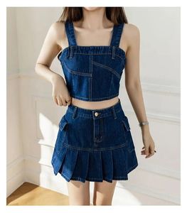 Sexy Denim Anzug Weste Crop Top und Mini Faltenrock zweiteilige Set für Frauen Fashion Casual Matching Outfits Frau Y2K Kleidung 240419