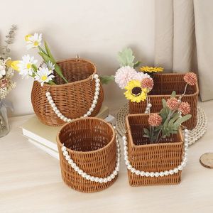 Flower Storage Imitation Rattan Basket trägremsa Förberedelse dekoration Blomma korg diverse kreativa leveranser 240424
