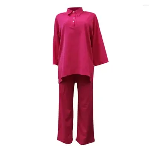 Women's Two Piece Pants Casual Ol Commuter Suit Elegant Shirt Set With Turn-down Collar Long Sleeve Blouse Wide Leg Trousers For Commuting