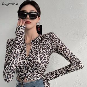 Kvinnors T-skjortor Leopard mantel t-shirts kvinnor amerikanska sexiga flickor o-hals långärmad skörd toppar vår höst retro trendig design ins