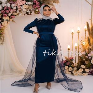 Gorgeous Navy Muslim Evening Dresses With Overskirt Train Elegant Long Sleeve Mermaid Abayas Prom Dress Midi Formal Birthday Dress Satin Robe De Soiree Vestios Gala