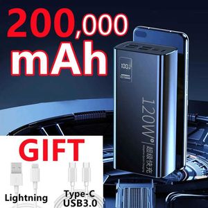 携帯電話のパワーバンク新しいパワーパック120W 200000MAHウルトラ高速充電100％充電容量iPhone Samsung Hot J240428に適したポータブルバッテリー充電器