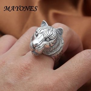 100% S925 Серебряное серебро преувеличенное личность ретро -тайская головка тигров мужские мужские мужские