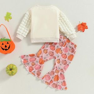 Kläduppsättningar småbarnsflicka vinterkläder baby halloween outfit brev crewneck sweatshirt pumpa flare byxor faller kläder
