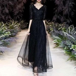 Festklänningar J143 Kvinnors vintage Long Black Blue Evening Elegant Formell golvlängd spets halvärmar kläder bröllopsklänning