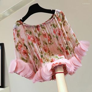 Kvinnors blusar vintage tryckt off-hals blommuttryck skjorta för kvinnor 2024 Hög midja kort tung industri Kronblad veckad chiffongblus