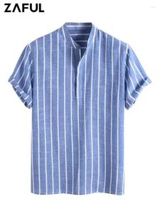 Mäns avslappnade skjortor zaful randiga för män halvknapp kragefri kort ärm blusar streetwear pullover office tops z4984953