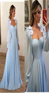 Elegant Light Blue Evening Dresses 3D Floral Appliques Feather Long Sleeves Prom Dress Long African Formal Party Gowns Chiffon2369259