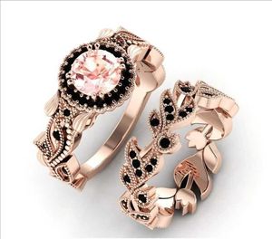 Wedding Rings 2 Pieces/set Exquisite Rose Gold Color Black Zircon Ring Vintage Flower Vine Inlaid with Champagne Stones Wedding Ring Set