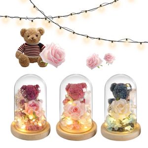 Rose adorável ursinho de pelúcia em vidro com led bear bear eterno rosa em vidro rosas preservadas urso presentes para amante de namorada presente 240418