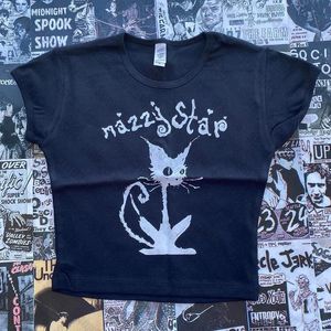 Punk Y2K Baby Tee Short Short Top Top Gothic Street Tshirt Womens Star Cat Cat Start Black Summer Rock Girls 240417