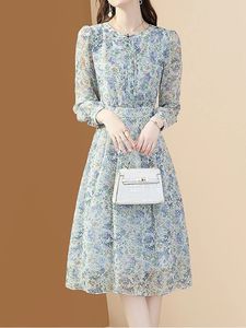 Vestido floral de chiffon evnisi para mulheres Autumn Autumn Sleeved Longe Sleeved Disposs de praia impressos O-gola A-line Vestidos 240424