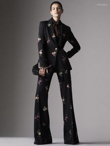 Women's Two Piece Pants HIGH STREET Est Fashion 2024 Designer Suit Set Elegant Floral Printed Single Button Blazer Flare 2pcs