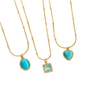 Nytt rostfritt stål Blue Opal Pendant Halsband för kvinnor 18K Guldpläterad bleknar inte presentmiddag bröllop smycken gratis frakt