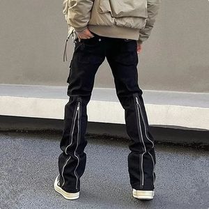 Y2K Fashion Zipper Black Fleared Jeans lastbyxor för män Designerkläder raka solida långa byxor Ropa Hombre 240420