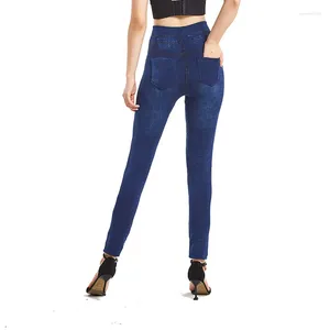 Calças femininas imitação de bolso genuíno leggings jeans para roupas externas de fitness de alta elasticidade