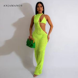 Ställ in Anjamanor 3 -delade bikinisuppsättningar med FINENET MESH COVING UP Dress Neon Green Sexy Summer Vacation Beach Outfits For Women D29CF27