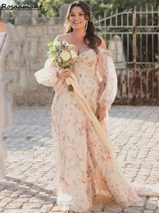 Champagne Floral Printing Peat A-line Bröllopsklänningar från Shouler Long Sleeve Bridal Gowns Robe de Mariee