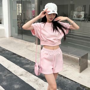 Tasarımcı Kadınların Takipleri Pamuk Kısa Kollu Bel Sweatshirt Drawstring Shorts Kadınlar Vintage Moda Spor Tarzı Sweatshirt Takım