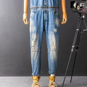 Mäns jeans höft män hopp en bit denim jumpsuit kort ärm blixtlås midje hål rippad vintage safari stil smala lastbyxor overaller